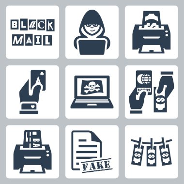 Vector criminal activity icons set: blackmail, hacking, counterfeiting, cardsharping, piracy, passport forgery, skimming, forgery of documents, money laundering clipart