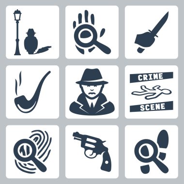 Vector detective icons set: man under street lamp, magnifier and handprint, knife in hand, smoking pipe, detective, crime scene, magnifier and fingerprint, revolver, magnifier and footprints clipart
