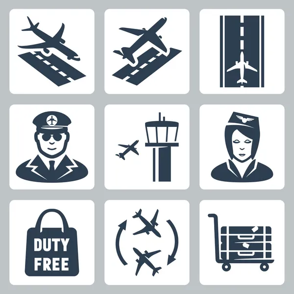 Conjunto de iconos del aeropuerto vectorial: aterrizaje, despegue, pista, piloto, torre de control del aeródromo, azafata, bolsa de compras 'duty free', transferencia, carrito de equipaje — Archivo Imágenes Vectoriales