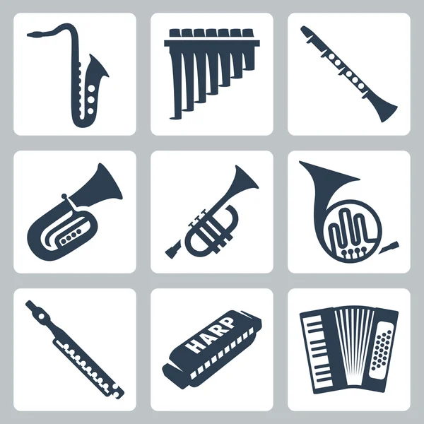 Vector muziekinstrumenten: pijpen, mondharmonica en accordeon — Stockvector