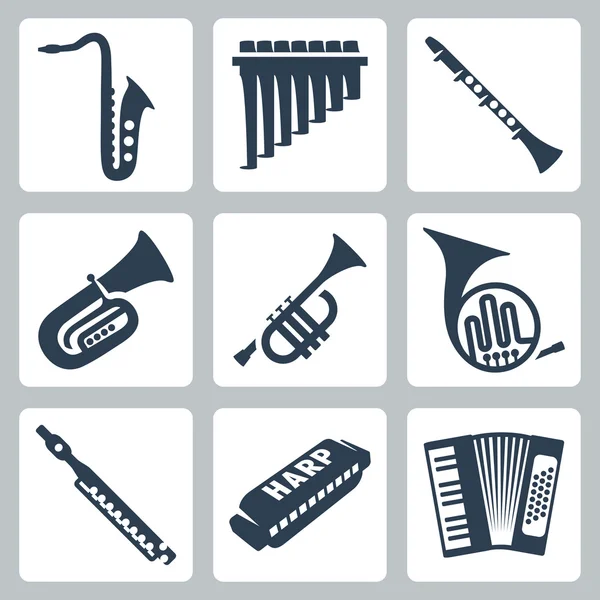 Vector musical instruments: pipes, harmonica and accordion — Stock Vector