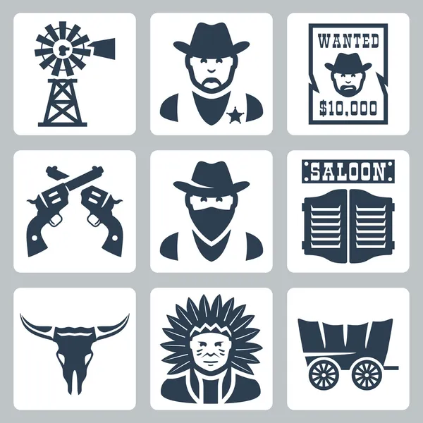Набор векторных изолированных западных икон: ветряная мельница, шериф, плакат о розыске, револьверы, бандит, салун, череп лонгхорна, вождь индейцев, шхуна прерий — стоковый вектор