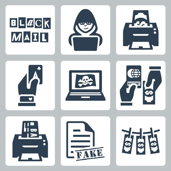 Conjunto de ícones de atividade criminosa vetorial: chantagem, pirataria, falsificação de passaportes, escumação, falsificação de documentos, lavagem de dinheiro —  Vetores de Stock