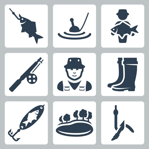 Комплект векторных рыболовных икон: рыба на крючке, поплавок, большая рыба, удочка, рыбак, сапоги, ложка-приманка, озеро, червь на крючке — стоковый вектор