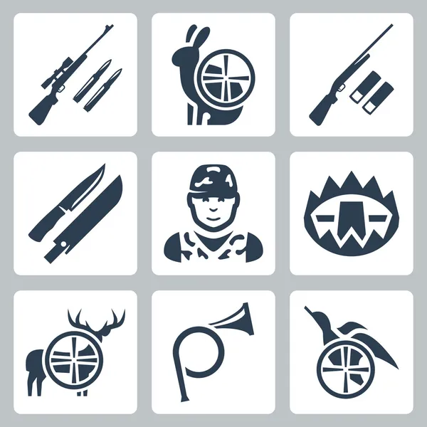 Conjunto de ícones de caça vetorial: rifle sniper, lebre, espingarda, faca e bainha de caça, caçador, armadilha, veado, chifre de caça, pato — Vetor de Stock