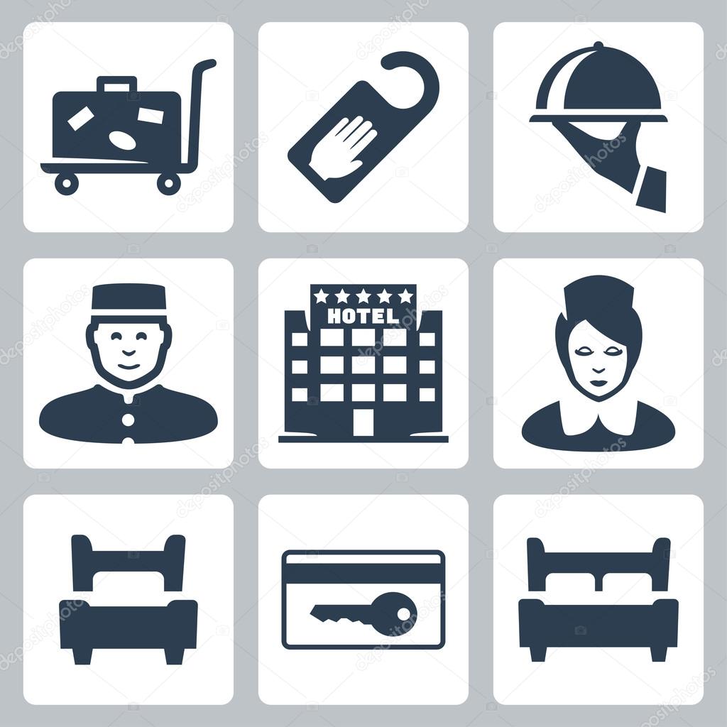 Vector hotel icons set: luggage cart, 'do not disturb' sign, dish, receptionist, five-star hotel, chambermaid, single bed, key card, double bed