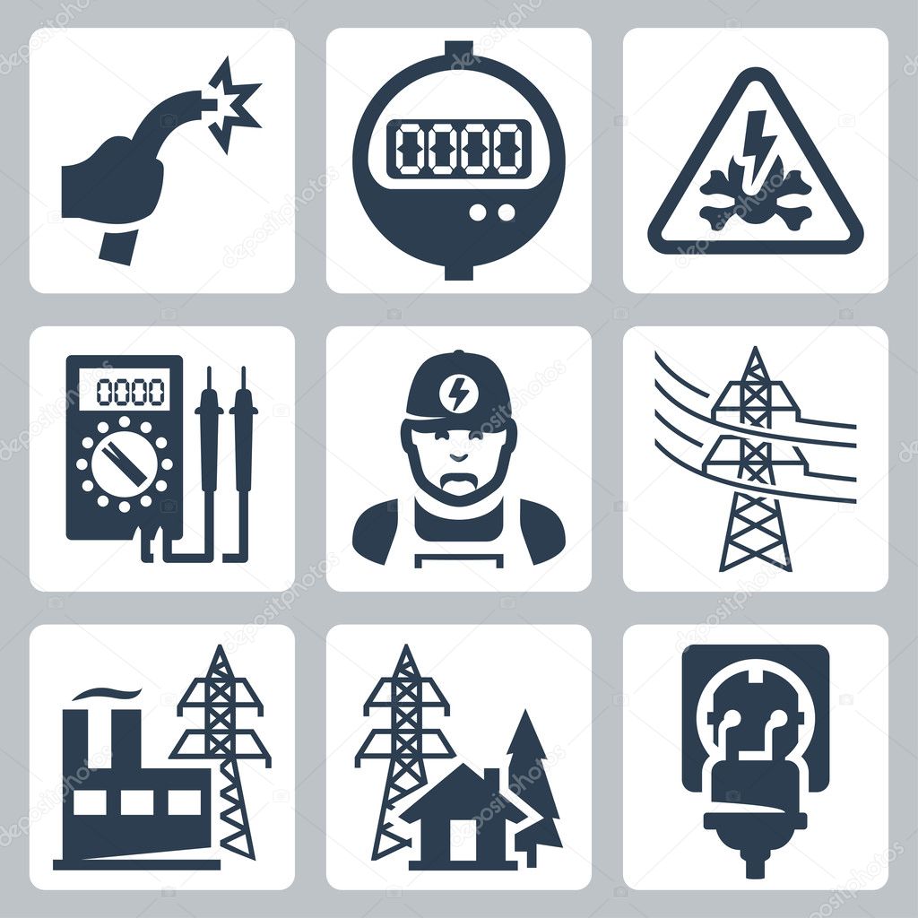 Vector power industry icons set: bared wire, supply meter, danger sign, multimeter, electrician, power line, power plant, power supply, plug and receptacle