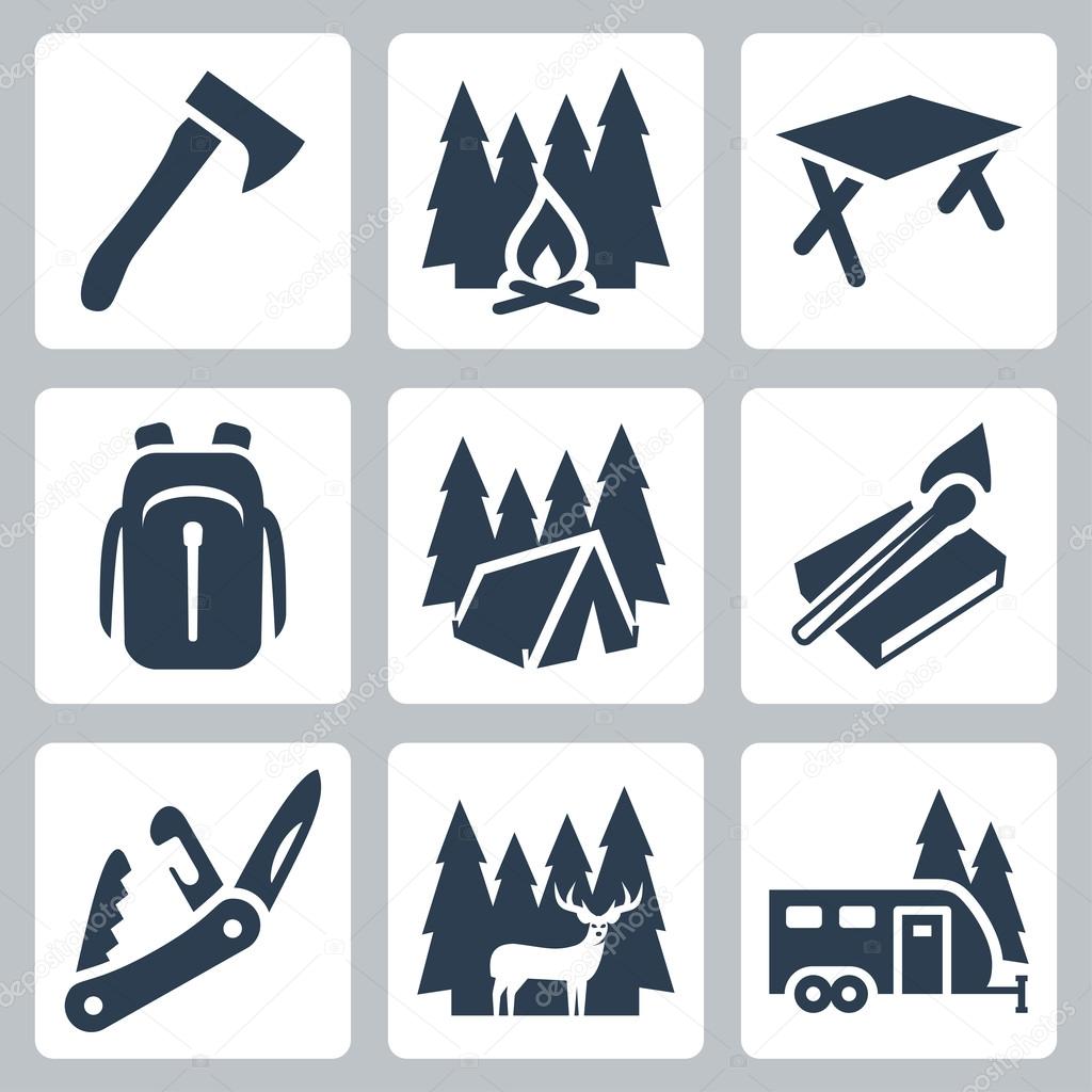 Vector camping icons set: axe, campfire, camping table, backpack, tent, matches, folding knife, deer, camping trailer
