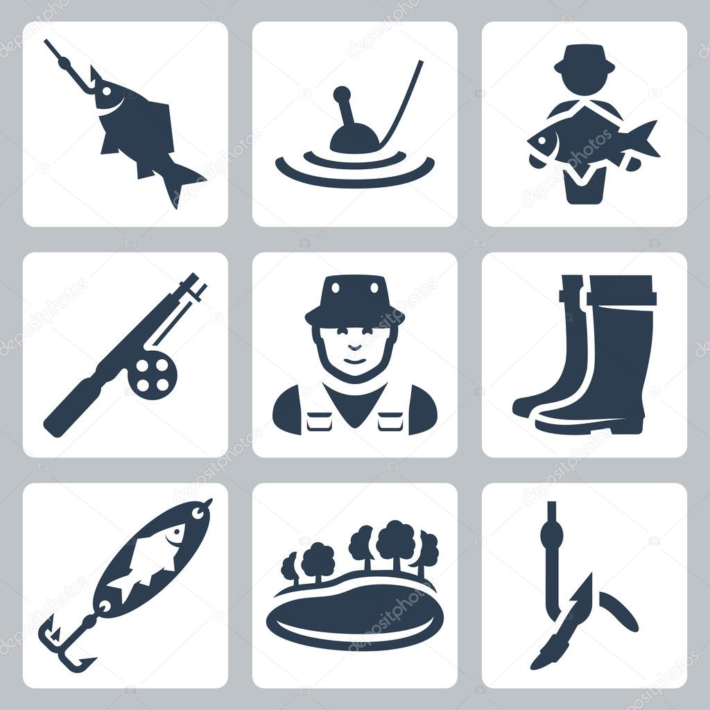 Vector fishing icons set: fish on a hook, float, big fish, fishing rod, fisherman, wading boots, spoon-bait, lake, worm on a hook