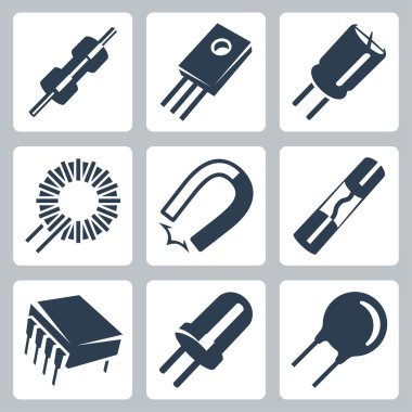 Vector electronic components icons set: resistor, transistor, capacitor, inductance coil, magnet, preventer, microcircuit, diode, varistor