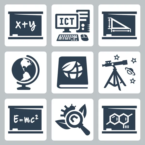 Serie di icone di materie scolastiche vettoriali: algebra, ICT, geometria, geografia, ecologia, astronomia, fisica, biologia, chimica — Vettoriale Stock