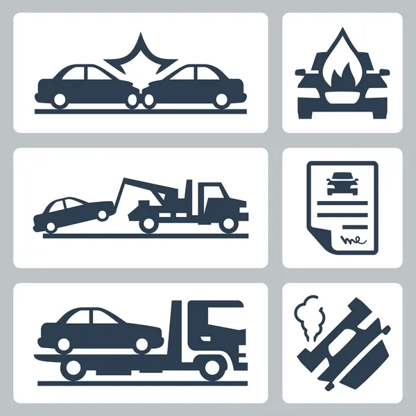 Vector breakdown truck and car accident icons set — Stock Vector