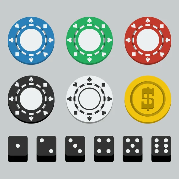 Vector poker chips and dice, flat style — Stock Vector