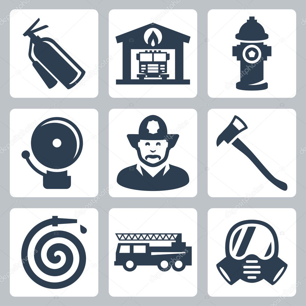 Vector fire station icons set: extinguisher, fire house, hydrant, alarm, fireman, axe, hose, fire truck, gas mask