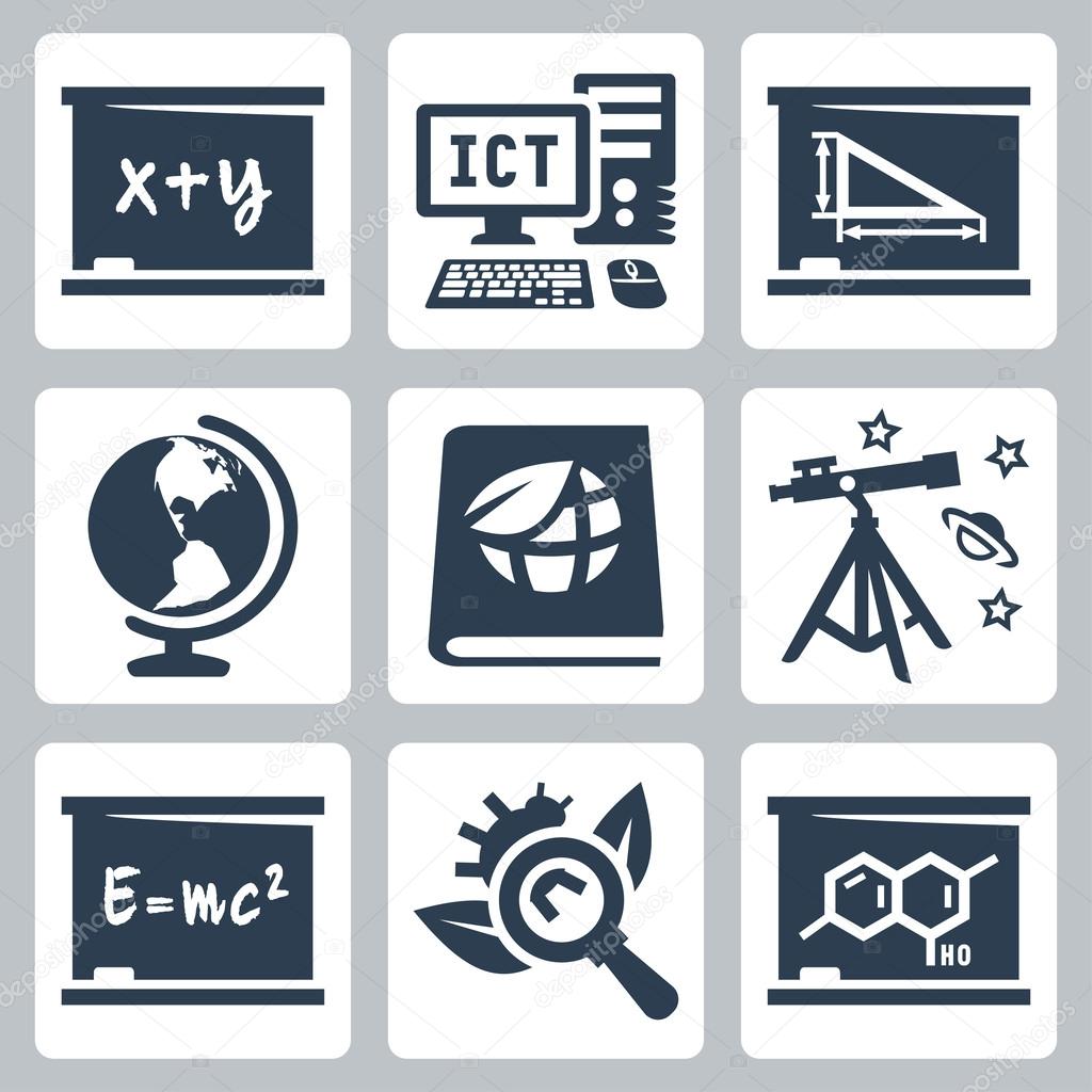 Vector school subjects icons set: algebra, ICT, geometry, geography, ecology, astronomy, physics, biology, chemistry