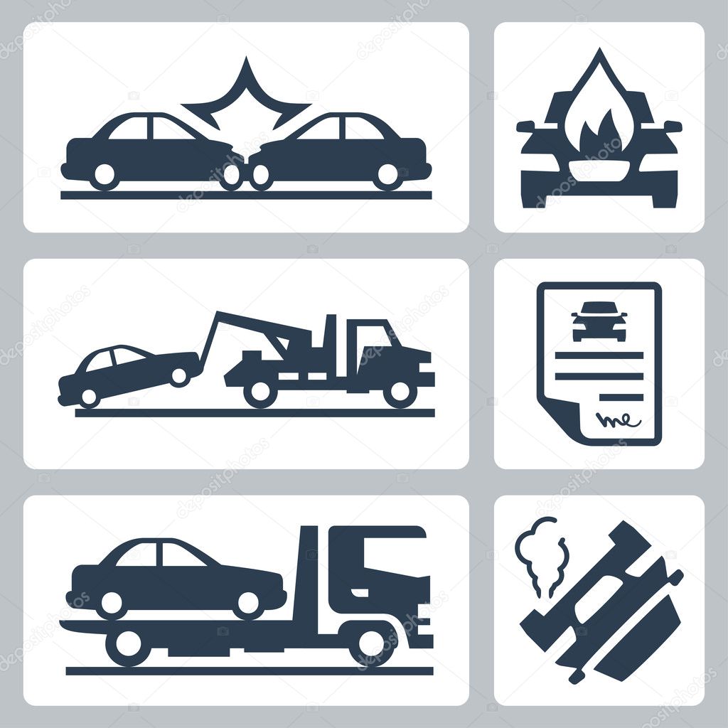 Vector breakdown truck and car accident icons set