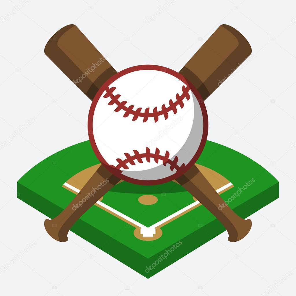 Baseball field, ball, and bat