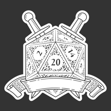 D20 Die With Ribbon and Swords. Outline Style