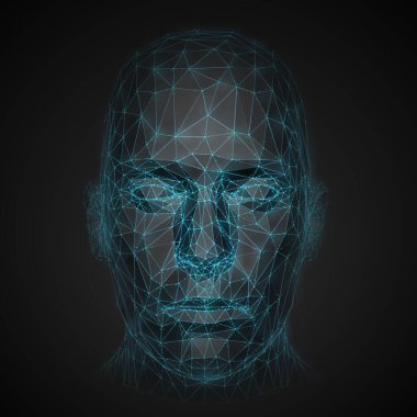 Front View of Futuristic Mesh Polygonal Human Head Over Black Background