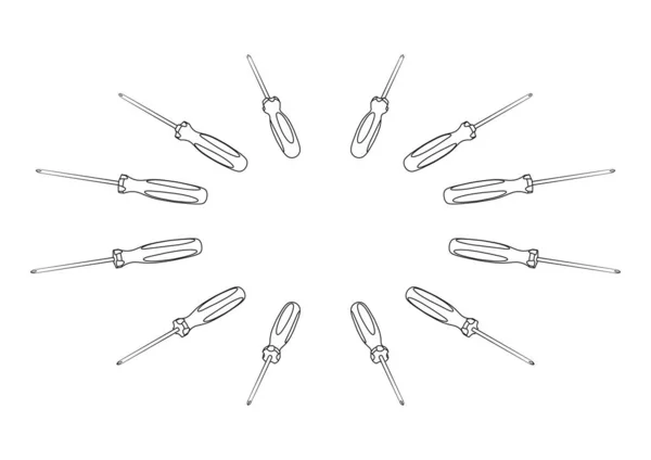 Isometric Screwdrivers Different Angles Outline Style — Vector de stock