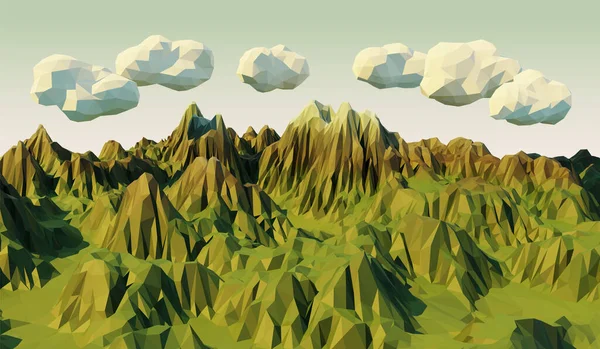 Low Poly Landscape Green Mountain Range Clouds — Vector de stock