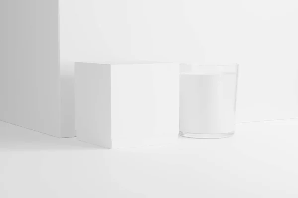 Vela Vidrio Con Caja Embalaje Representación Blanco Mockup Blanco Para —  Fotos de Stock