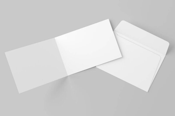 A4 A5 A6 Landscape Folded Invitation Card With Envelope 3D Rendering White Blank Mockup For Design Presentation
