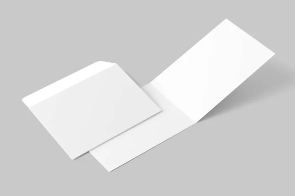 Landschap Opgevouwen Uitnodigingskaart Met Envelop Rendering White Blank Mockup Voor — Stockfoto