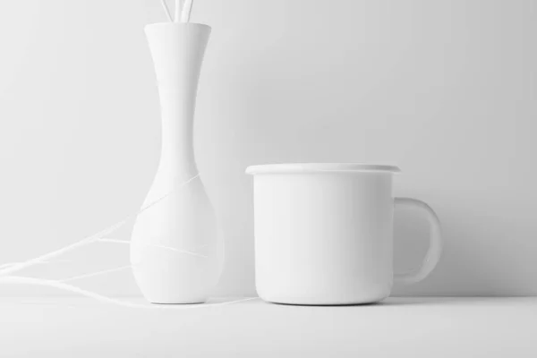 Enamel Mug Rendering White Blank Mockup Design Presentation — Stock Photo, Image