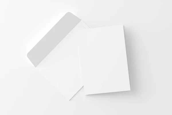 Összecsukható Meghívó Kártya Borítékkal Renderelés Fehér Üres Mockup Design Bemutatásához — Stock Fotó