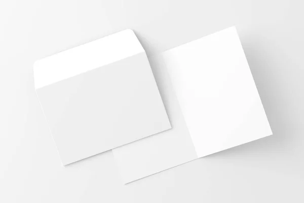 Cartão Convite Dobrado Com Envelope Renderização Branco Branco Mockup Para — Fotografia de Stock