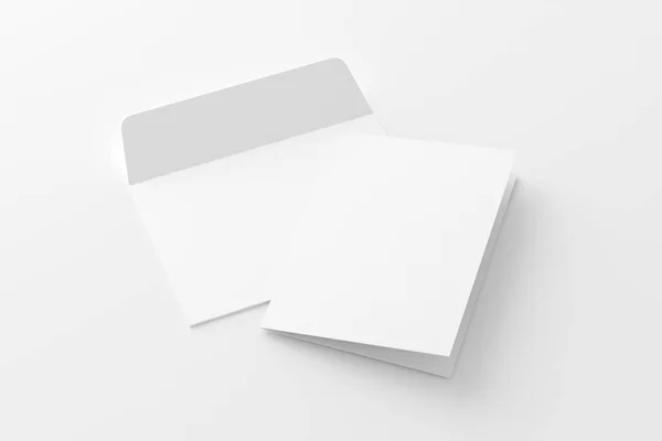 A4A5附有信封3D渲染白色空白模型的折叠邀请卡设计演示 — 图库照片