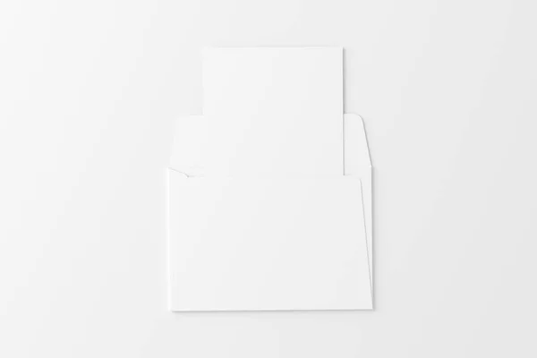 Cartão Convite Dobrado Com Envelope Renderização Branco Branco Mockup Para — Fotografia de Stock