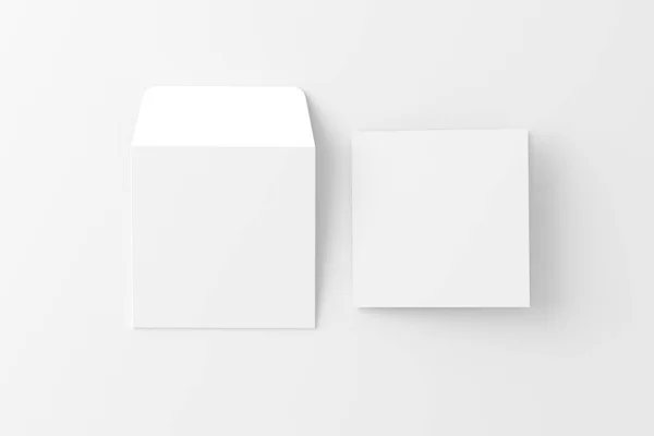 Biglietto Invito Quadrato Piegato Con Busta Bianco Vuoto Rendering Mockup — Foto Stock