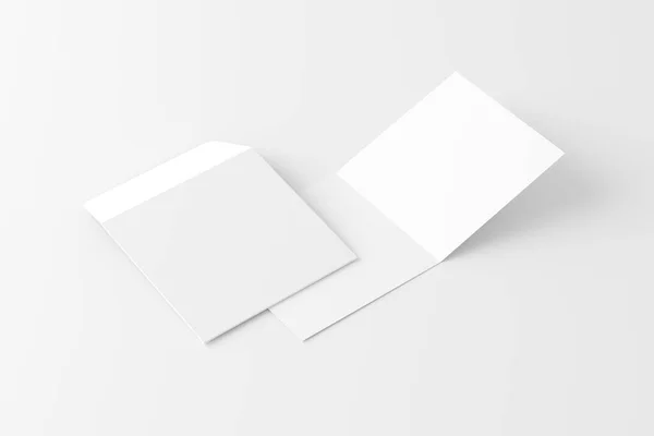 Cartão Convite Dobrado Quadrado Com Envelope Branco Branco Renderização Mockup — Fotografia de Stock