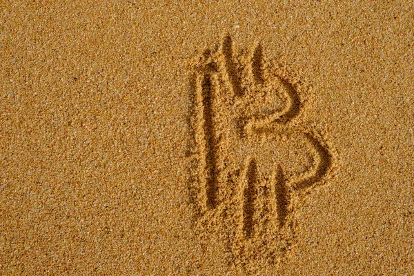 Bitcoin Signe Écrit Sur Sable Dans Lumière Soleil Soir — Photo