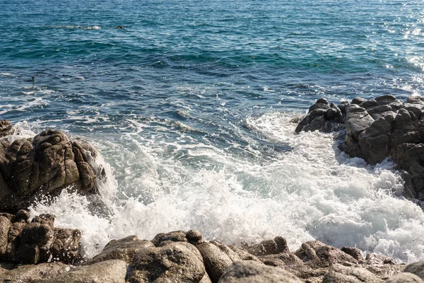 Dalgalar deniz kıyısındaki kayalara vuruyor, oldukça sakin bir deniz.