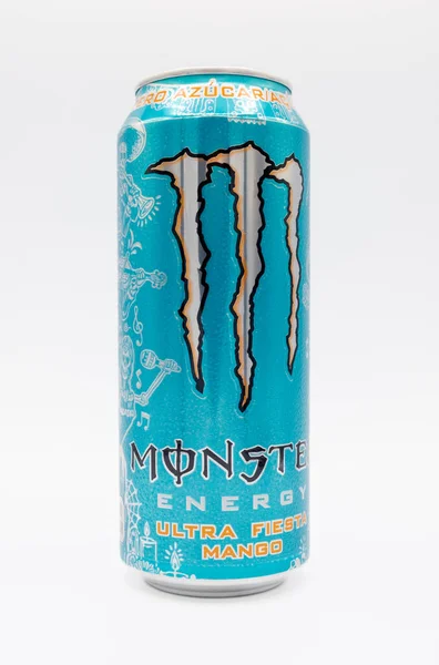 Lloret Mar Spain 2021 Monster Energy Cyan Can Mango Flavour — Stock Photo, Image