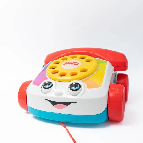 Barcelona Spain 2021 Children Toy Landline Phone Red Receiver Dial lizenzfreie Stockfotos