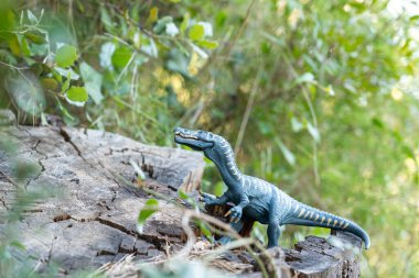 Çalılıklardaki korkunç dinozor oyuncağı, jurassic park konsepti, modern dünyadaki tarih öncesi hayvanlar.