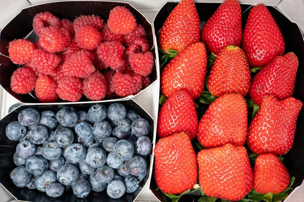 Tabletts Mit Beeren Frischen Erdbeeren Reifen Blaubeeren Und Himbeeren lizenzfreie Stockbilder