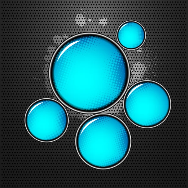 Abstracte glanzende blauwe cirkels op metalen achtergrond met splatters — Stockvector