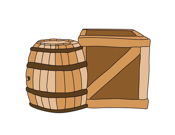 Barril de vino marrón y caja de madera — Archivo Imágenes Vectoriales