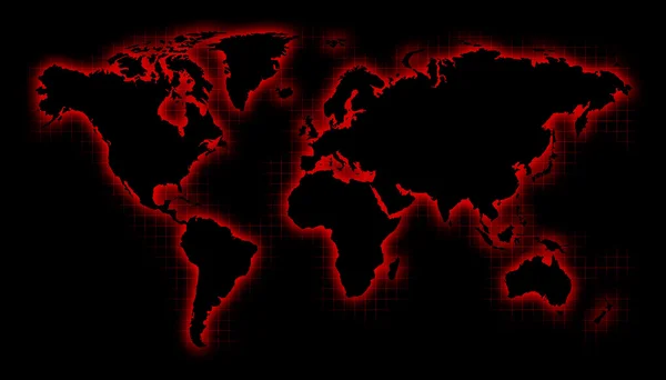 Mapa do mundo preto com brilho vermelho e grade — Fotografia de Stock