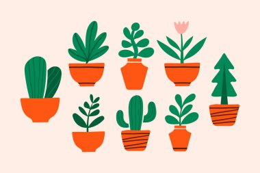 Soyut bitki seti. El çizimi renkli vektör seti. Çiçek tasarımı renkli bir illüstrasyon