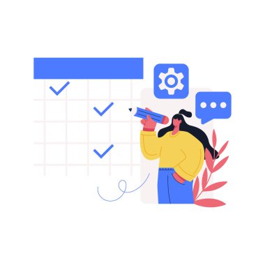 İnsanlar kalem, pano ya da iş işiyle modern kontrol listesi yapıyorlar. Hedef başarıları planlama programı kavramı. Düz vektör çizimi beyaz arkaplanda izole edildi