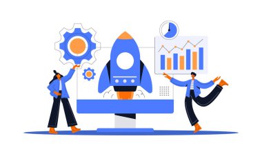 İş geliştirme süreci. Ürün yeniliği, yaratıcı fikirler. Başlangıç, girişim işi, girişimcilik konsepti. Düz vektör illüstrasyonu