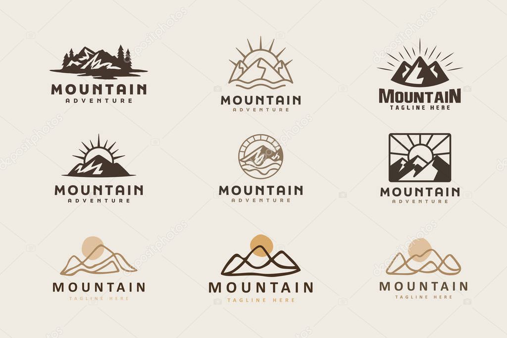 Mountain and Sun Rays, Mount Peak Hill Nature Landscape view for Adventure Outdoor logo template