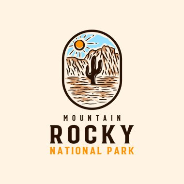 Rocky Mountain Adventure ve Outdoor Vintage Logo Şablonu. Rozet ya da amblem tarzı. Vektör İllüstrasyonu