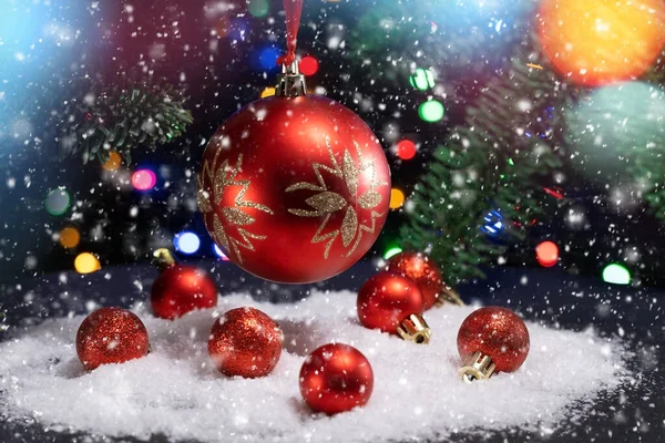 New Year Red Ball Toys Bokeh Background Christmas Decoration Abstract — Stock Photo, Image